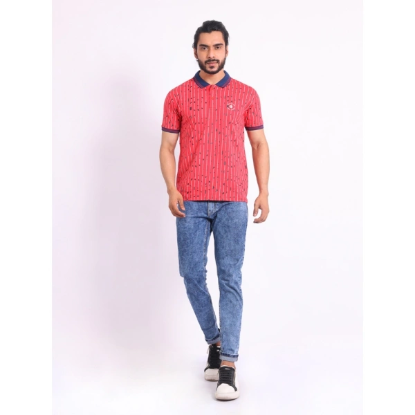 Men's Casual Cotton Printed Polo Neck Half Sleeve T-Shirt (Red) - XL