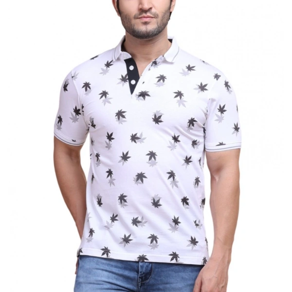 Men's Casual Cotton Printed Polo Neck Half Sleeve T-Shirt (White) - M