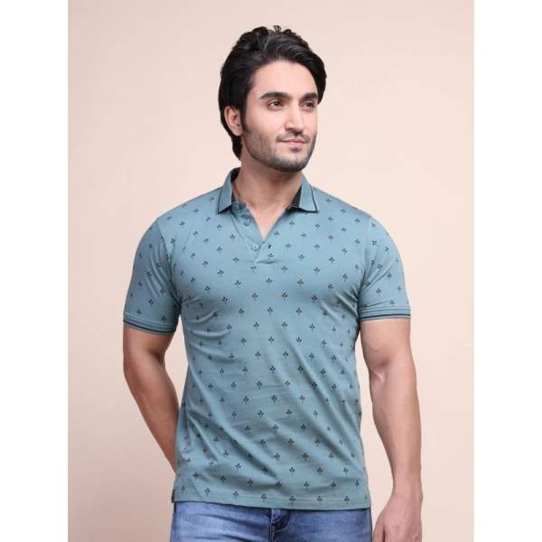 Men's Casual Cotton Printed Polo Neck Half Sleeve T-Shirt (Grey) - L