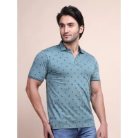 Men's Casual Cotton Printed Polo Neck Half Sleeve T-Shirt (Grey) - L