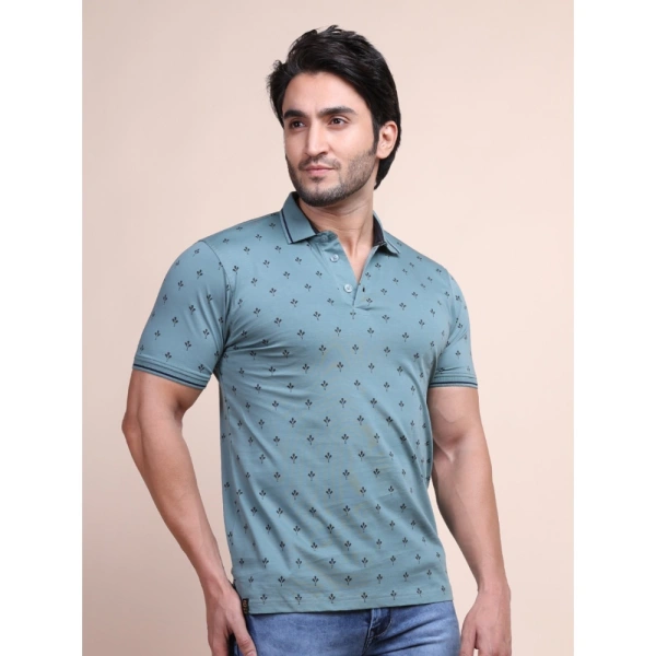 Men's Casual Cotton Printed Polo Neck Half Sleeve T-Shirt (Grey) - L