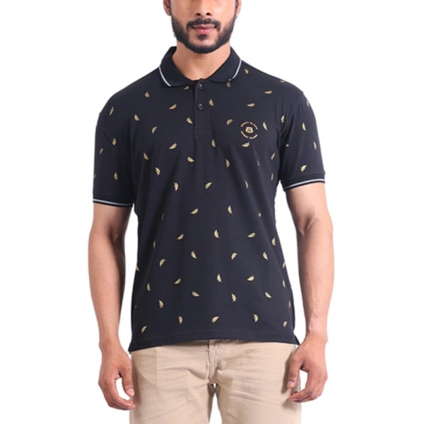Men's Casual Cotton Printed Polo Neck Half Sleeve T-Shirt (Black) - S