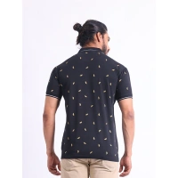 Men's Casual Cotton Printed Polo Neck Half Sleeve T-Shirt (Black) - S