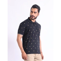 Men's Casual Cotton Printed Polo Neck Half Sleeve T-Shirt (Black) - S