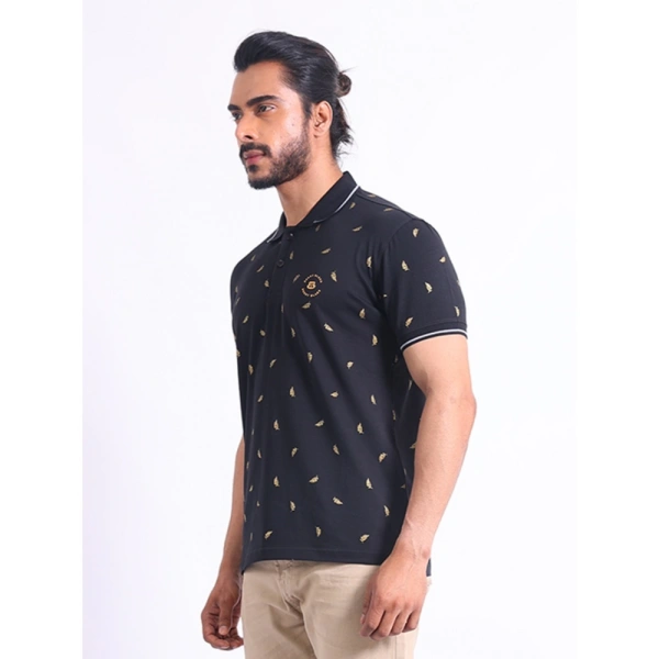 Men's Casual Cotton Printed Polo Neck Half Sleeve T-Shirt (Black) - S