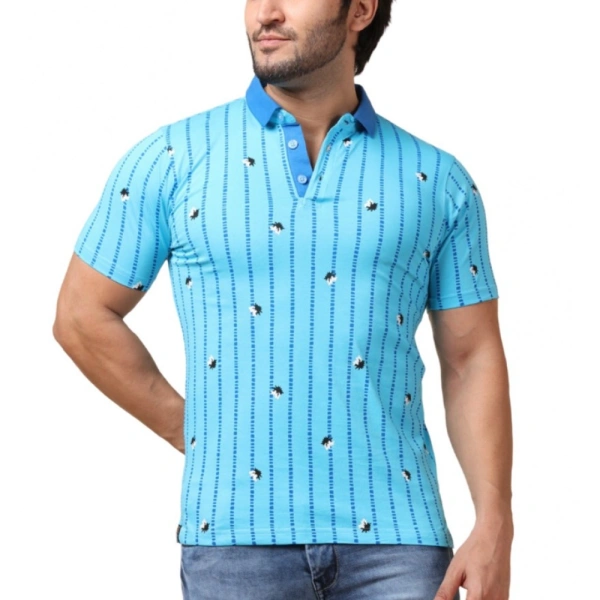 Men's Casual Cotton Printed Polo Neck Half Sleeve T-Shirt (Skyblue) - 2XL