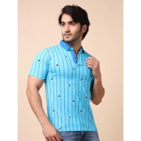 Men's Casual Cotton Printed Polo Neck Half Sleeve T-Shirt (Skyblue) - 2XL