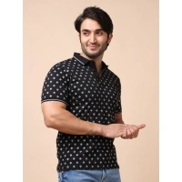 Men's Casual Cotton Printed Polo Neck Half Sleeve T-Shirt (Black) - M
