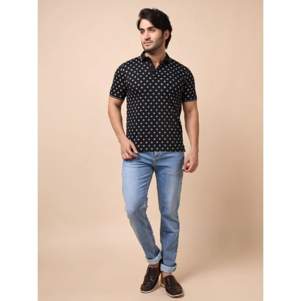 Men's Casual Cotton Printed Polo Neck Half Sleeve T-Shirt (Black) - M