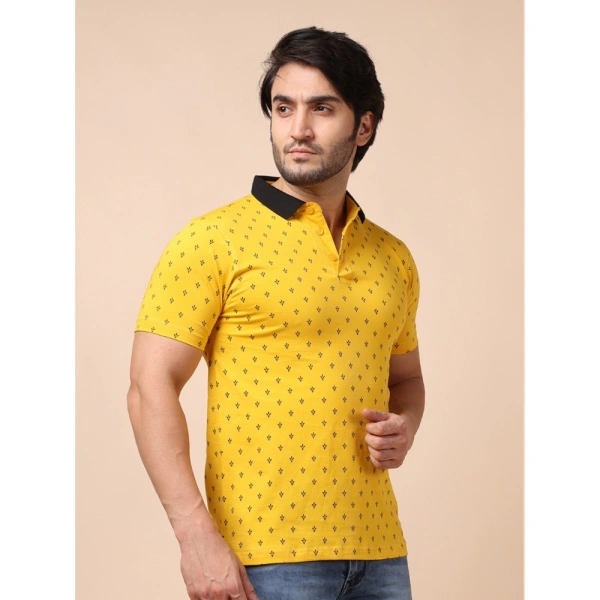 Men's Casual Cotton Printed Polo Neck Half Sleeve T-Shirt (Yellow) - 2XL