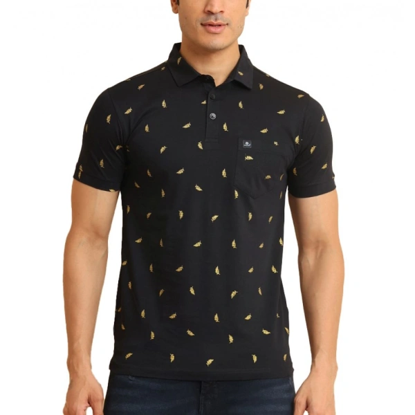 Men's Casual Cotton Printed Polo Neck Half Sleeve T-Shirt (Black) - L