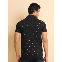Men's Casual Cotton Printed Polo Neck Half Sleeve T-Shirt (Black) - L