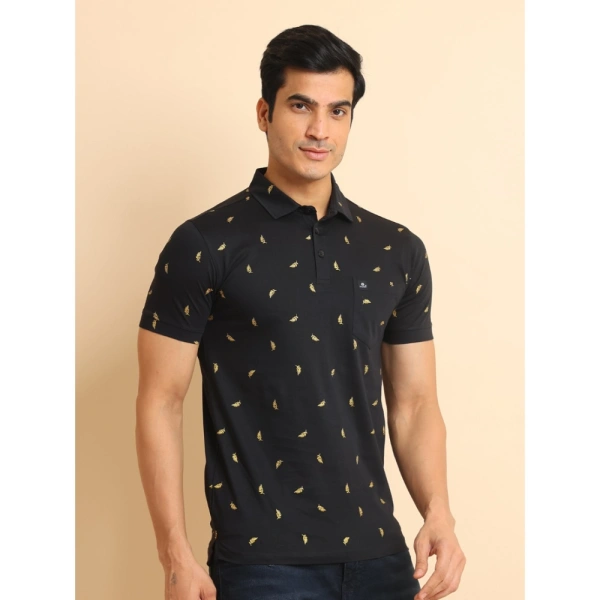 Men's Casual Cotton Printed Polo Neck Half Sleeve T-Shirt (Black) - L