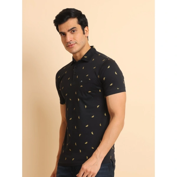 Men's Casual Cotton Printed Polo Neck Half Sleeve T-Shirt (Black) - L