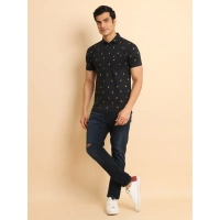 Men's Casual Cotton Printed Polo Neck Half Sleeve T-Shirt (Black) - L