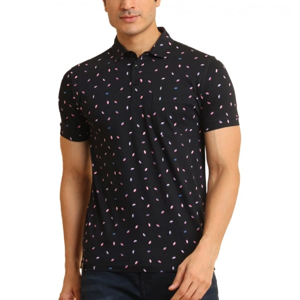 Men's Casual Cotton Printed Polo Neck Half Sleeve T-Shirt (Black) - L