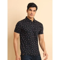 Men's Casual Cotton Printed Polo Neck Half Sleeve T-Shirt (Black) - L