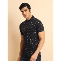 Men's Casual Cotton Printed Polo Neck Half Sleeve T-Shirt (Black) - L