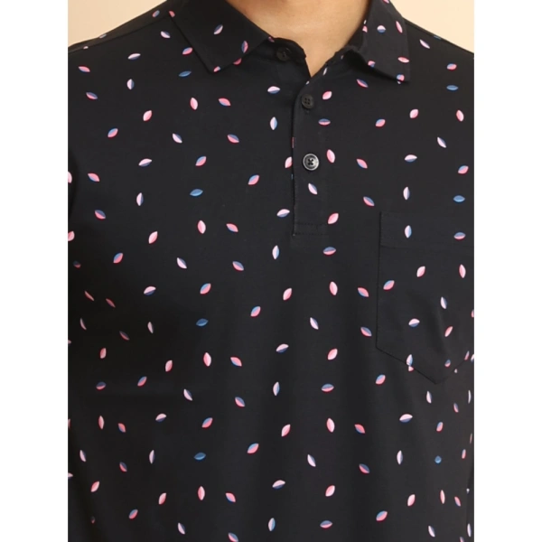 Men's Casual Cotton Printed Polo Neck Half Sleeve T-Shirt (Black) - L
