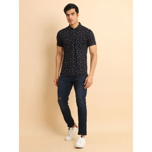 Men's Casual Cotton Printed Polo Neck Half Sleeve T-Shirt (Black) - L