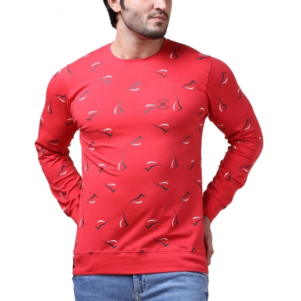 Men's Casual Cotton Printed Round Neck Full Sleeve T-Shirt (Red) - S