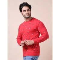 Men's Casual Cotton Printed Round Neck Full Sleeve T-Shirt (Red) - S