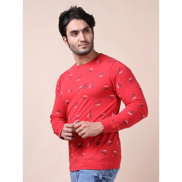 Men's Casual Cotton Printed Round Neck Full Sleeve T-Shirt (Red) - S
