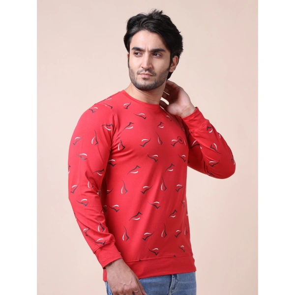 Men's Casual Cotton Printed Round Neck Full Sleeve T-Shirt (Red) - S