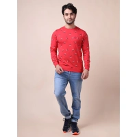 Men's Casual Cotton Printed Round Neck Full Sleeve T-Shirt (Red) - S