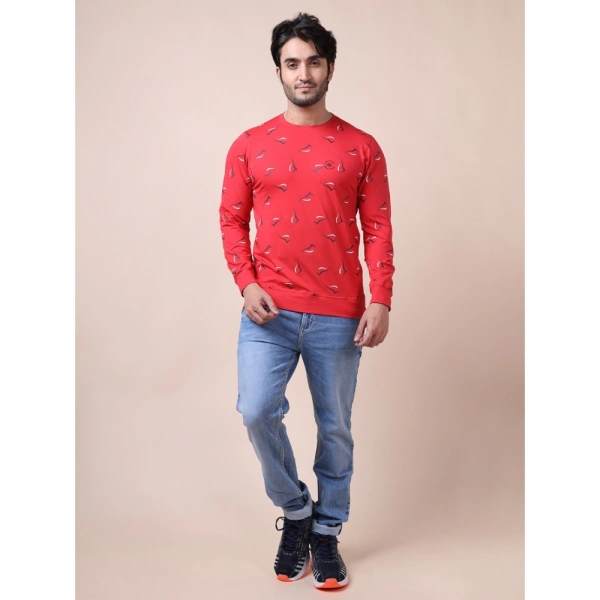Men's Casual Cotton Printed Round Neck Full Sleeve T-Shirt (Red) - S