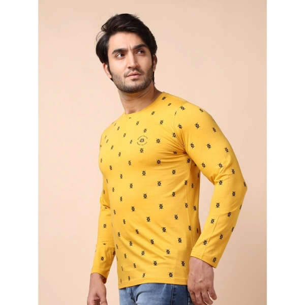 Men's Casual Cotton Printed Round Neck Full Sleeve T-Shirt (Mustard) - L