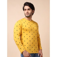 Men's Casual Cotton Printed Round Neck Full Sleeve T-Shirt (Mustard) - L