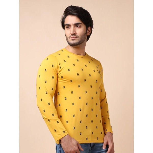 Men's Casual Cotton Printed Round Neck Full Sleeve T-Shirt (Mustard) - L