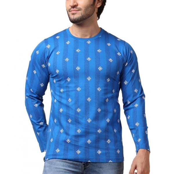 Men's Casual Cotton Printed Round Neck Full Sleeve T-Shirt (Blue) - XL