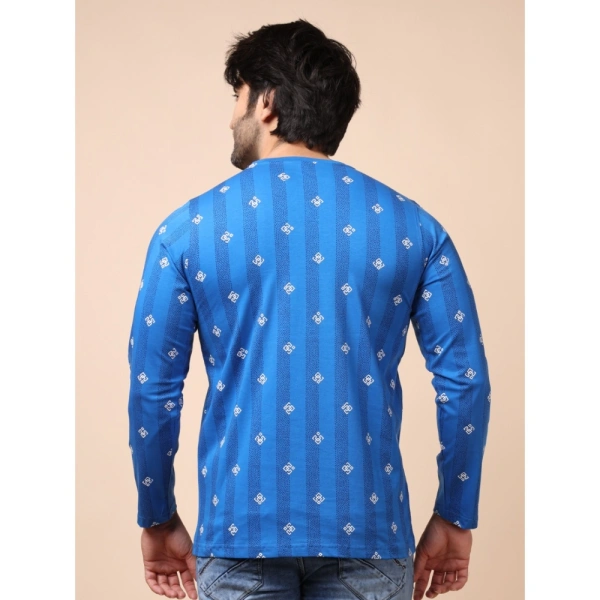 Men's Casual Cotton Printed Round Neck Full Sleeve T-Shirt (Blue) - XL