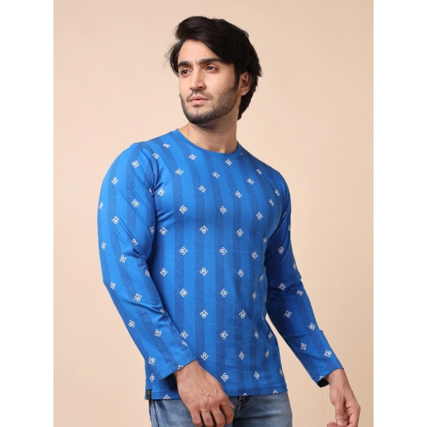 Men's Casual Cotton Printed Round Neck Full Sleeve T-Shirt (Blue) - XL