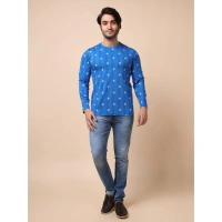 Men's Casual Cotton Printed Round Neck Full Sleeve T-Shirt (Blue) - XL