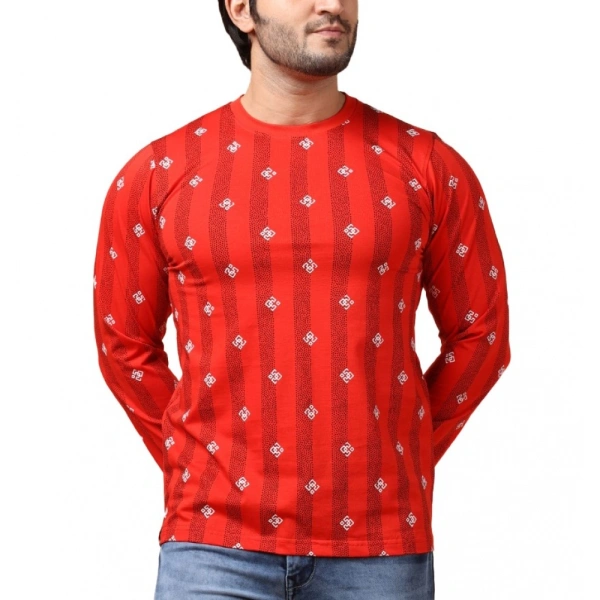 Men's Casual Cotton Printed Round Neck Full Sleeve T-Shirt (Red) - XL