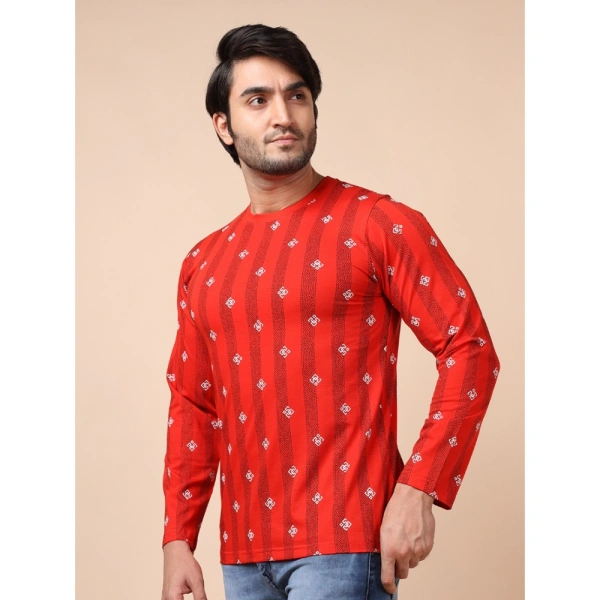 Men's Casual Cotton Printed Round Neck Full Sleeve T-Shirt (Red) - XL