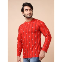 Men's Casual Cotton Printed Round Neck Full Sleeve T-Shirt (Red) - XL