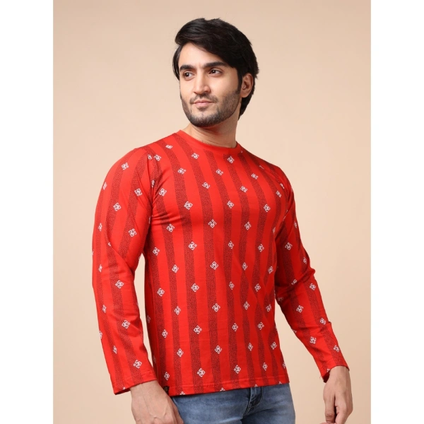 Men's Casual Cotton Printed Round Neck Full Sleeve T-Shirt (Red) - XL