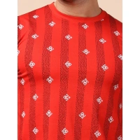 Men's Casual Cotton Printed Round Neck Full Sleeve T-Shirt (Red) - XL