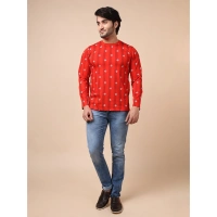 Men's Casual Cotton Printed Round Neck Full Sleeve T-Shirt (Red) - XL