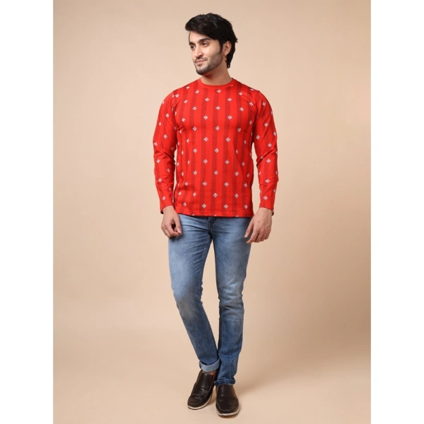 Men's Casual Cotton Printed Round Neck Full Sleeve T-Shirt (Red) - XL