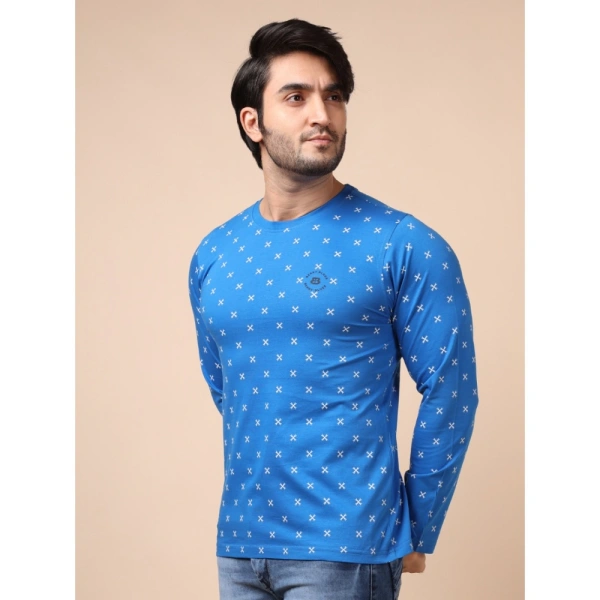 Men's Casual Cotton Printed Round Neck Full Sleeve T-Shirt (Blue) - M