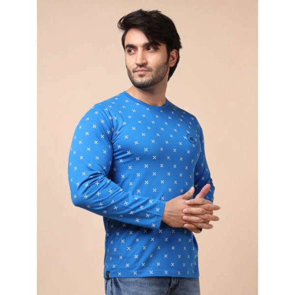Men's Casual Cotton Printed Round Neck Full Sleeve T-Shirt (Blue) - M