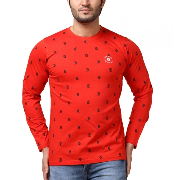 Men's Casual Cotton Printed Round Neck Full Sleeve T-Shirt (Red) - S