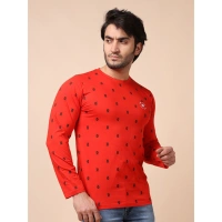Men's Casual Cotton Printed Round Neck Full Sleeve T-Shirt (Red) - S