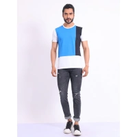 Men's Casual Cotton Printed Round Neck Half Sleeve T-Shirt (Blue) - 2XL