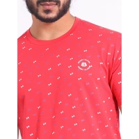 Men's Casual Cotton Printed Round Neck Half Sleeve T-Shirt (Red) - XL
